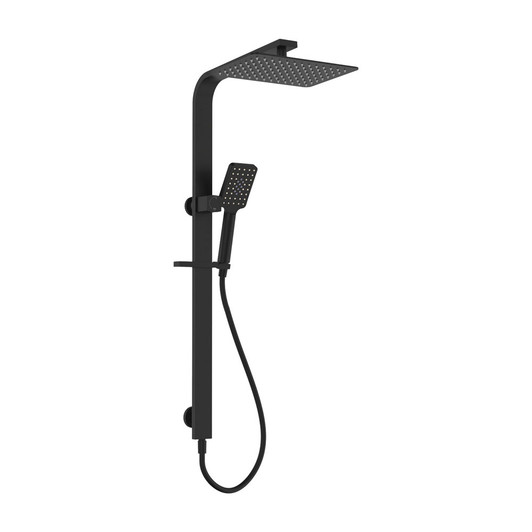 Product image of the Tono Deluxe Twin Shower in matte black. Rectangle rail  with a rectangle overhead shower and a square handheld shower head. Water inlet is attached to the rail.