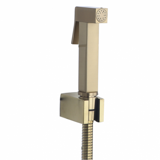 Square hand-held bidet sprayer. Product image close up. Brushed Gold