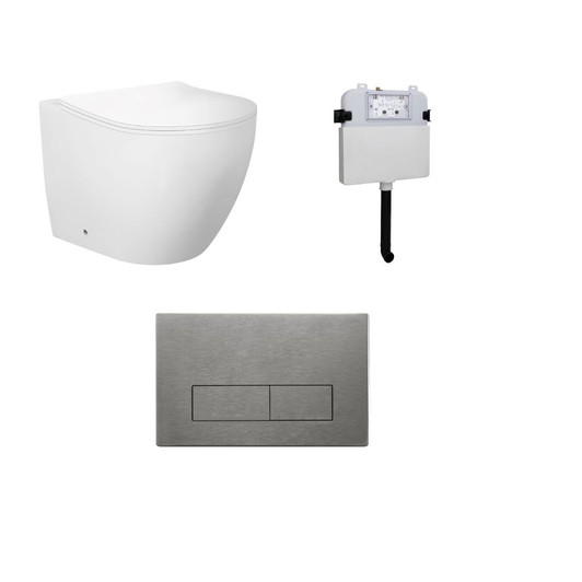 Product image of the Venus Wall Faced Toilet Pan with rectangle brushed nickel buttons and flush plate.