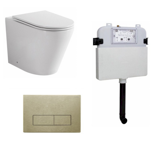 Product Image of the Java Wall Faced Rimless Pan In Wall Cistern. Rectangle buttons and backing plate in brushed gold.