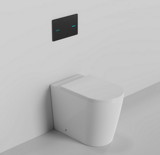 Java Wall Faced Rimless Pan In Wall Cistern with sensor control flush plate.
