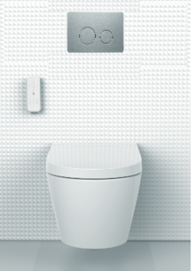 Novus Wall hung toilet bidet with remote control. Pictures the the chrome round buttons flush plate. Front on view.