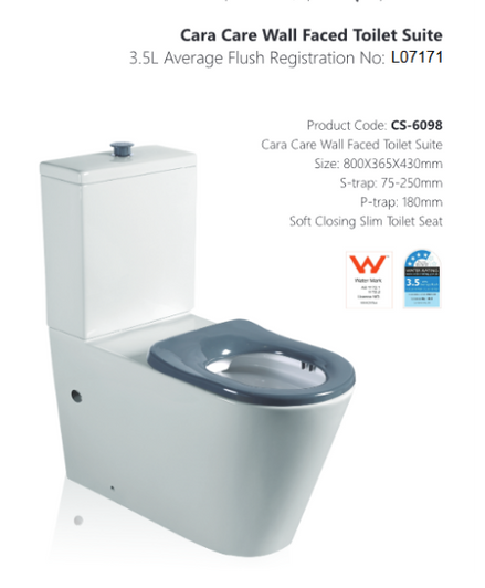 Product specifications for the Cara care wall faces toilet by Zumi. Page 1