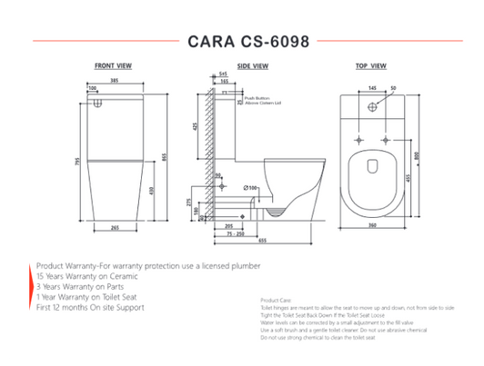 Product specifications for the Cara care wall faces toilet by Zumi. Page 2