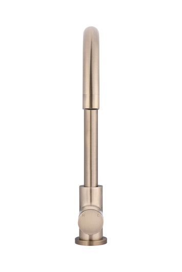 Round Gooseneck Kitchen Mixer with Pinless Handle in Champagne.