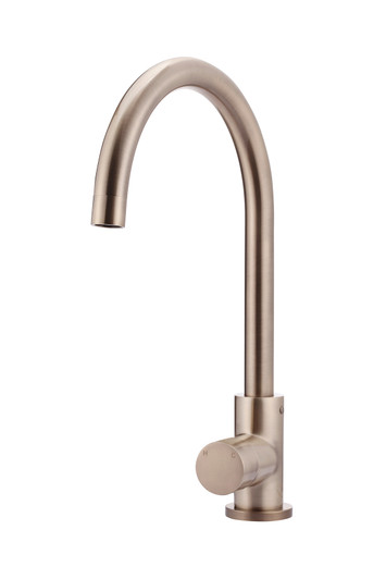Round Gooseneck Kitchen Mixer with Pinless Handle in Champagne.