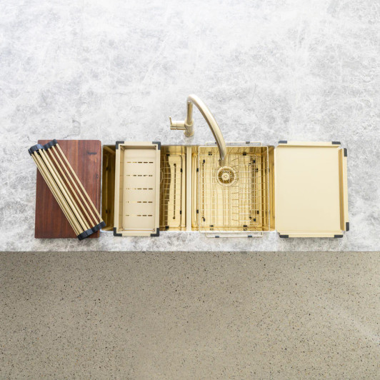 Lavello kitchen sink in brushed bronze gold pictured with all available accessories.