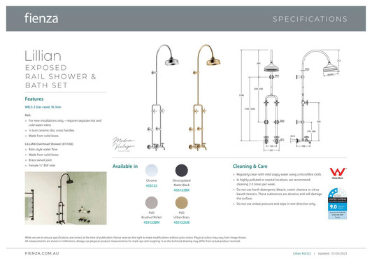 Specification Sheet for Lillian Exposed Rail Shower & Bath Set. By Fienza