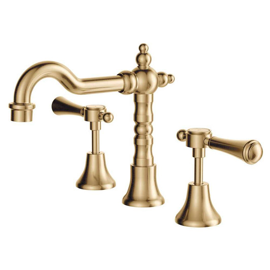 Product image of the Lillian Lever Basin Set in urban brass. A Shepherds crook neck traditional spout with lever handle taps.