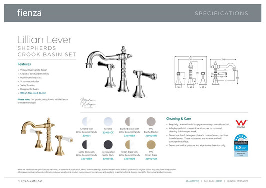 Specification sheet for the Lillian lever basin set by Fienza