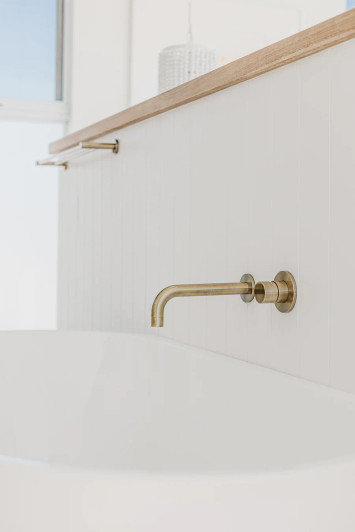 Round Pinless Wall Mixer tiger bronze, by Meir. Live shot pictured with a 130mm  wall outlet.