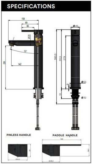 Specifications for Round Paddle Tall Basin Mixer By Meir