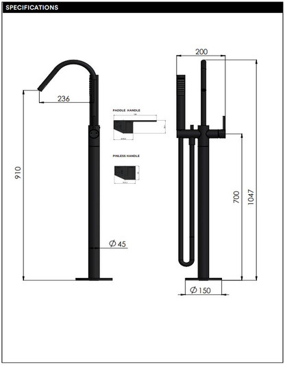 Specifications Round Freestanding Bath Spout and Hand Shower by Meir