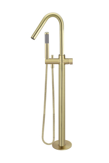 Round Pinless Freestanding Bath Spout and Hand Shower in Tiger Bronze