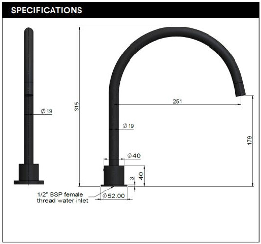 Specifications for Round High-Rise Swivel Hob Spout by Meir