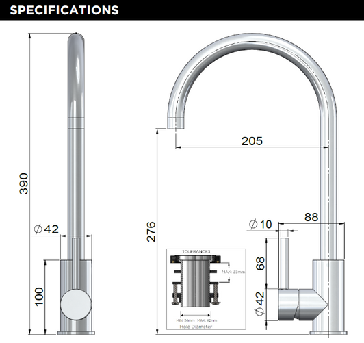 Specification sheet for the Outdoor Kitchen Mixer - SS316