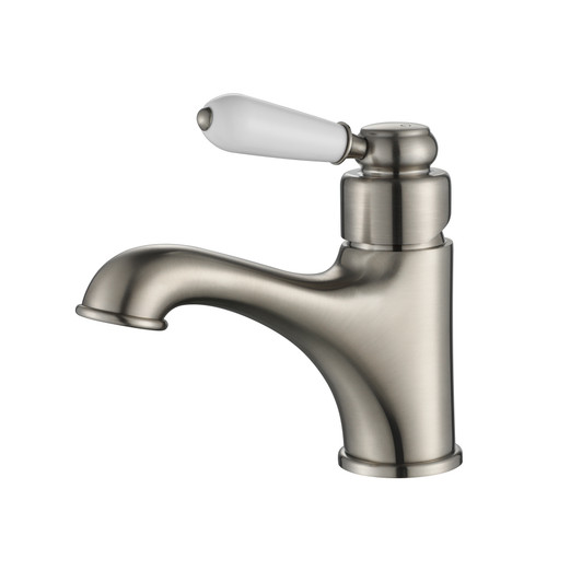 Bordeaux Basin Mixer in brushed nickel. By modern national. Fixed basin mixer with white lever handle.