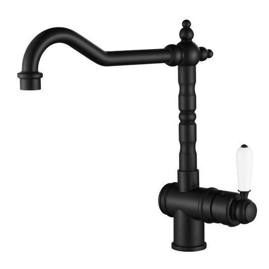 Bordeaux Kitchen Mixer in matte black. By modern national. Swivel kitchen mixer with white lever handle on the side.