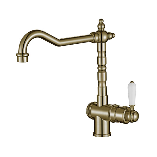 Bordeaux Kitchen Mixer in brushed brass. By modern national. Swivel kitchen mixer with white lever handle on the side.