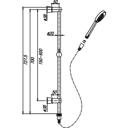 Specification sheet for the Chris Hand Shower On Rail by Hellycar
