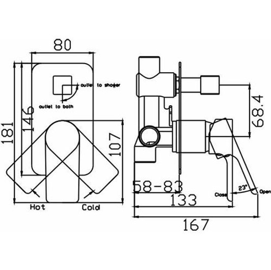 Specification sheet for the Bateau Wall Mixer With Diverter by Hellycar.