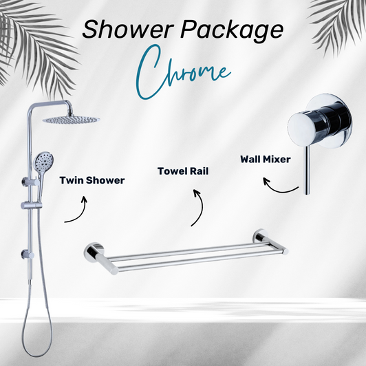 Product images for the Ideal shower package in chrome.