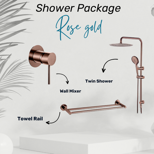 Product images for the Ideal shower package in rose gold.