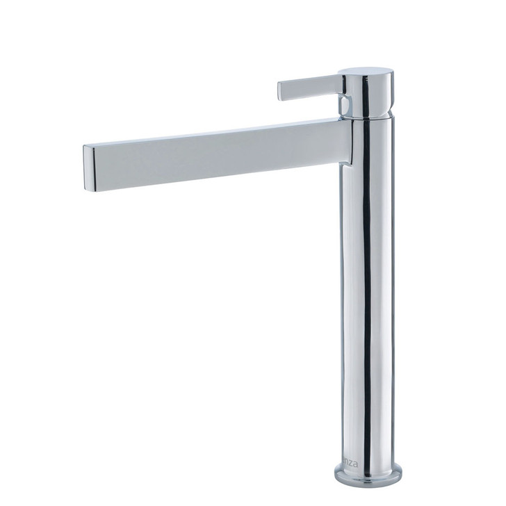 Product image of the Sansa tall basin mixer in chrome. Basin mixer with soft rectangular outlet and vertical rectangular spout and handle.