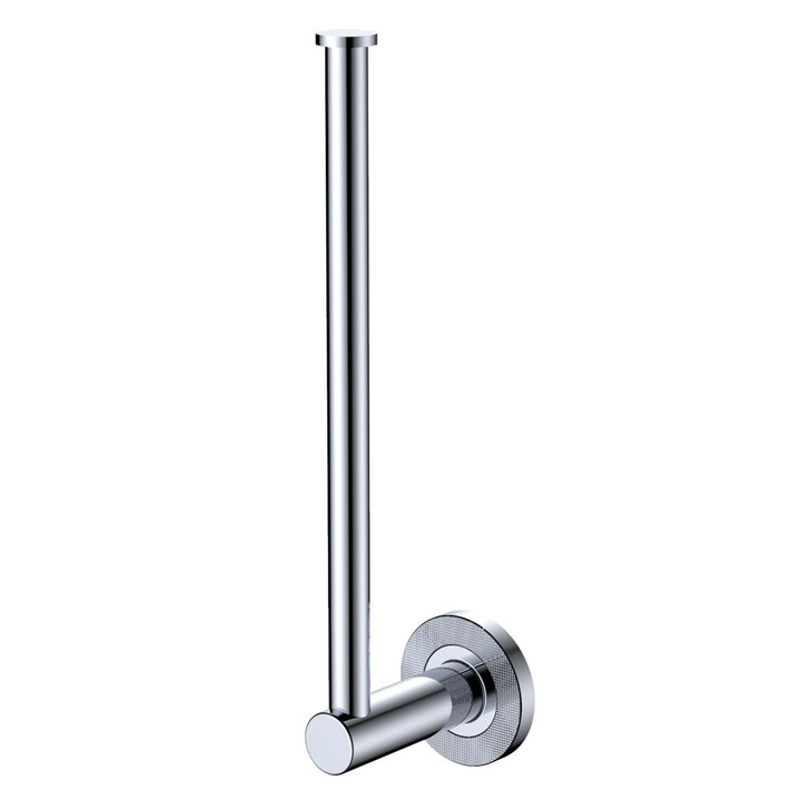 Chrome toilet roll holder or hand towel rail. Round rail and textured wall plates. Mounted vertically