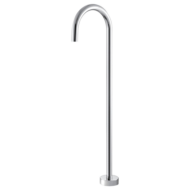 Product image of the Isabella Floor Mounted Bath Outlet in chrome. A round, floor mounted hook spout with solid round base.