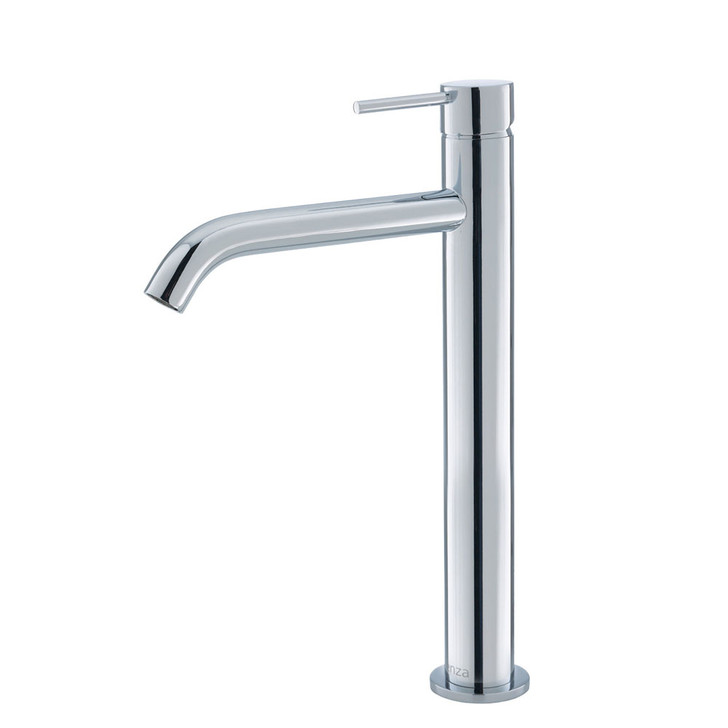 Product image of the Kaya Tall Basin Mixer in chrome.  Tall round body with pin handle and slightly bent round spout.