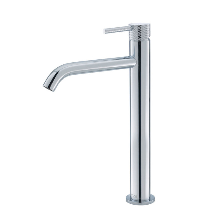 Product image for the Axle Tall Basin Mixer in chrome. Round body and slightly bent round spout with thin round pin handle.