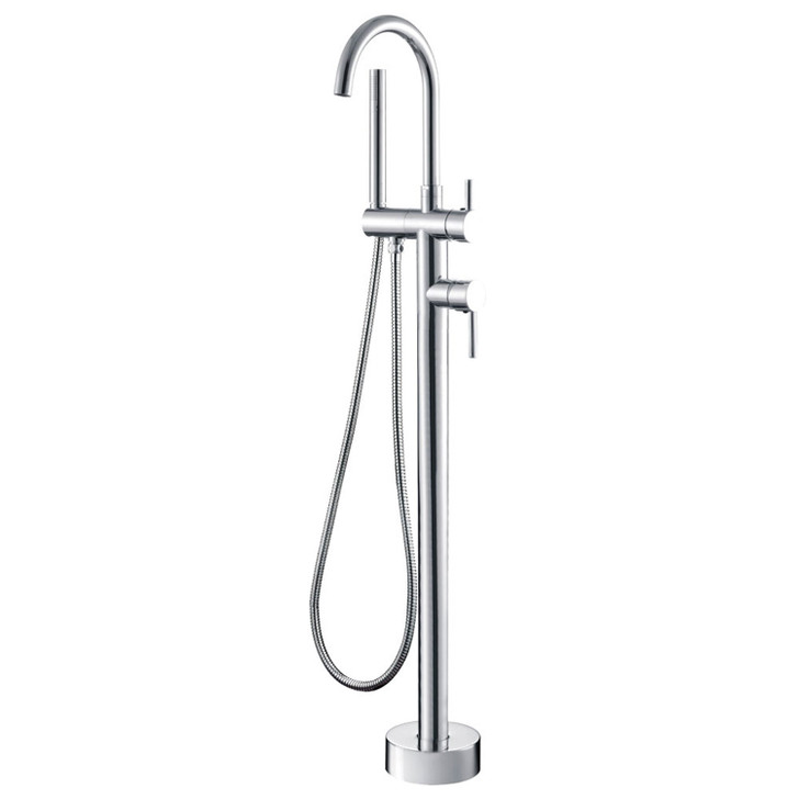 Product image of the Isabella Floor Mixer & Shower in chrome. A round, floor mounted hook spout with solid round base and a pin handle mixer and diverter. The handheld shower head sits is thin and round.