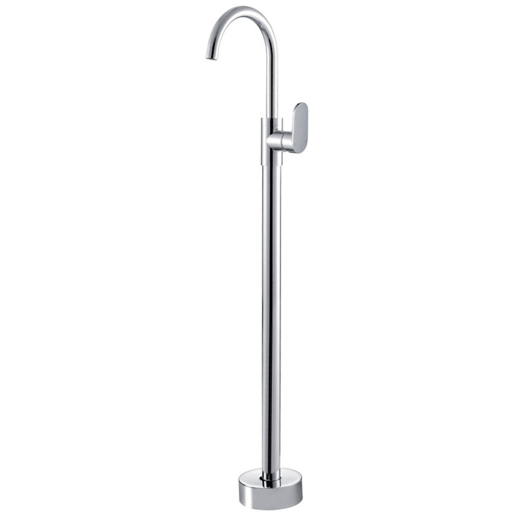 Product image of the Empire Floor Standing Mixer in chrome. A round, floor mounted hook spout with solid round base and an oblong mixer attached to the side close to the top.