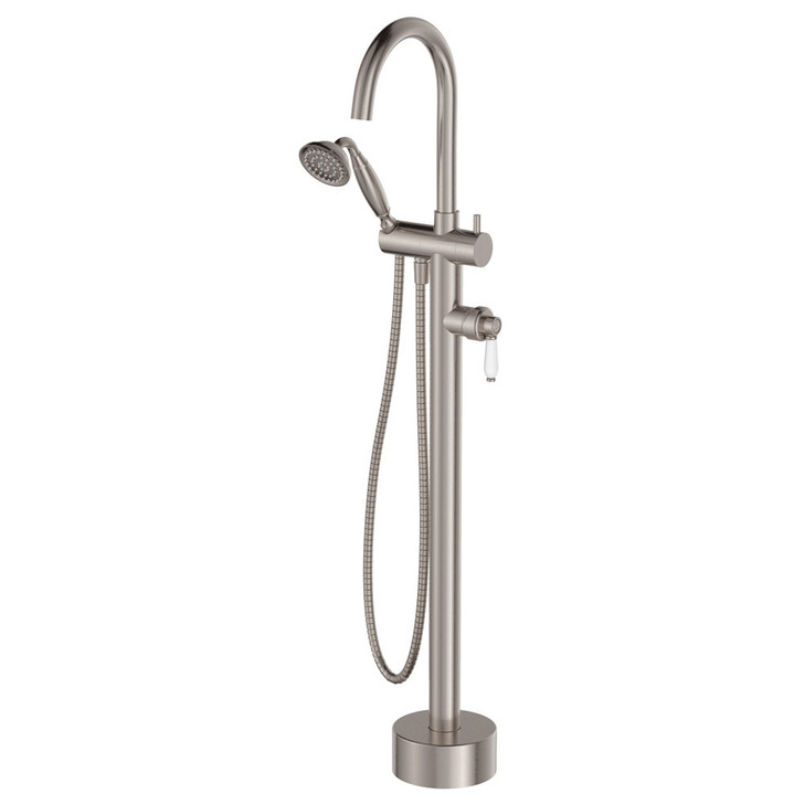 Eleanor Floor Mixer & Shower in brushed nickel. A floor mounted goose-neck bath mixer with traditional handheld shower head.