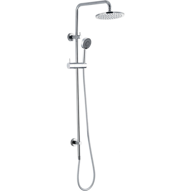 Chrome double, round above head and multifunction hand held shower on a round rail.