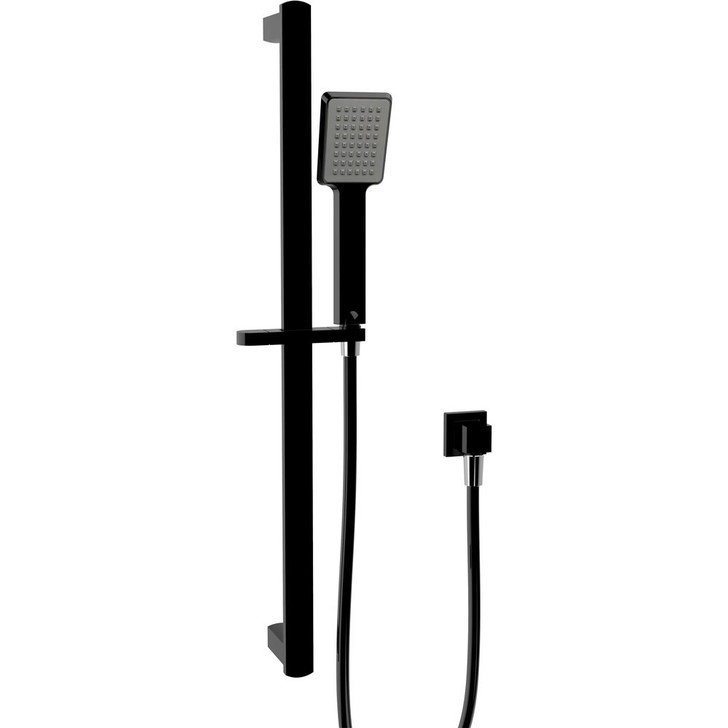 Matte black shower rail with square hand held shower head on hose