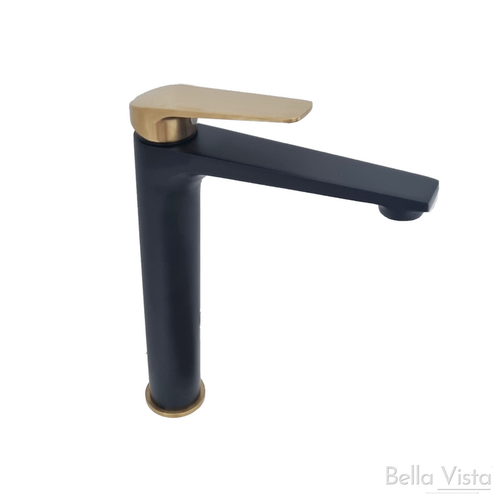 Product image of the Celsior tall basin mixer in matte black and brushed gold. Flat rectangle handle and spout with a round body.