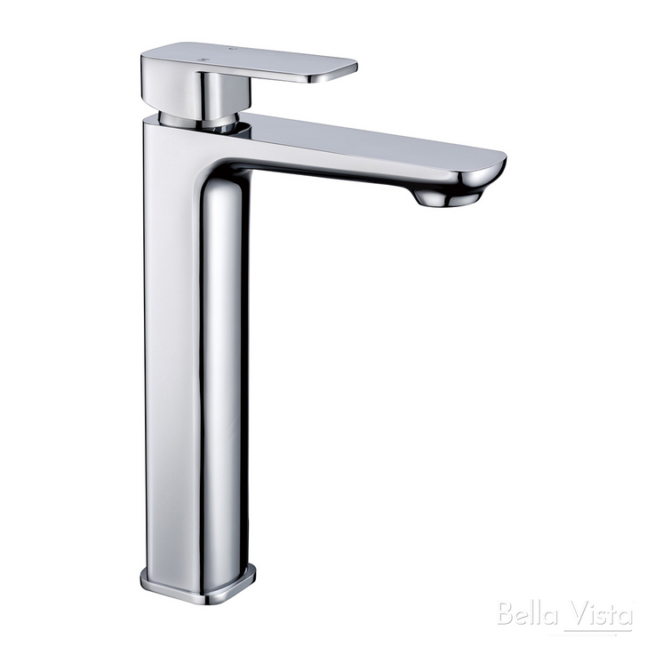 Product image of the Pradus Mia tall basin mixer in chrome. Flat soft edge rectangle handle and spout with a soft rounded corner square body.