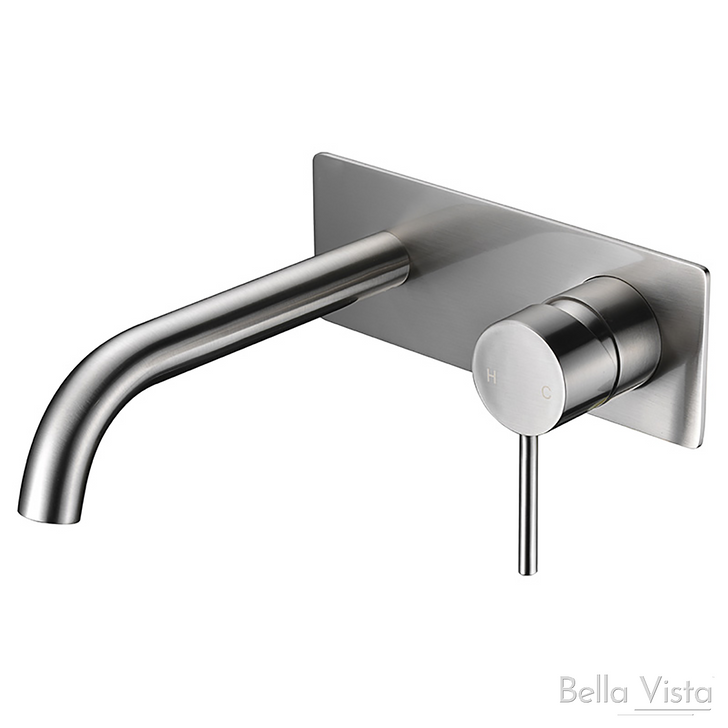 Brushed nickel Hali Wall Basin Mixer, pin handle, rectangle backing plate, round spout