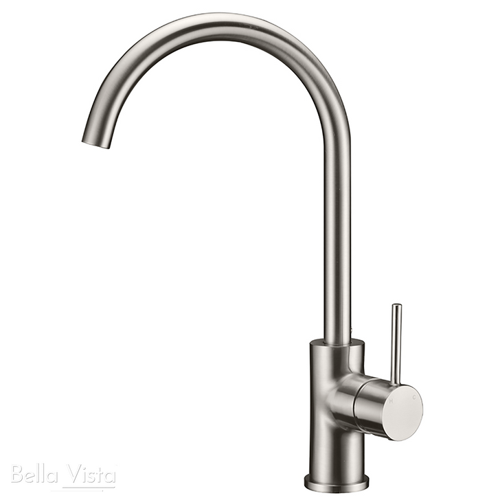 Brushed Nickel Hali Sink Mixer with slim pin handle and round gooseneck spout