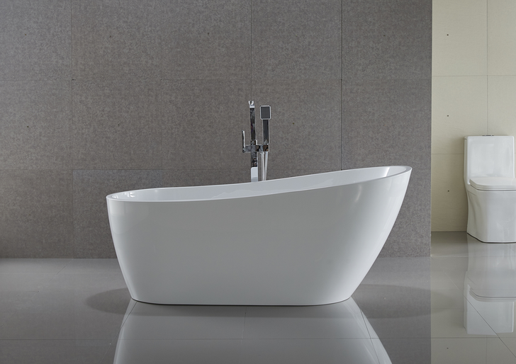 Evie freestanding bath with floor mounted tap ware. Side on view