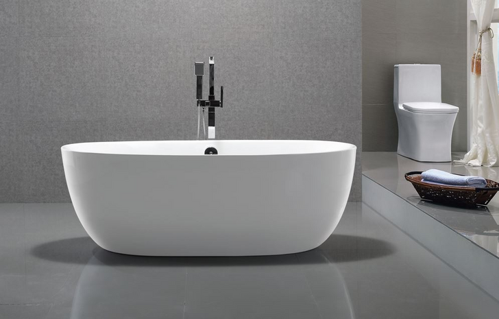 Simone freestanding 1500 bath pictured with square floor mounted tapware
