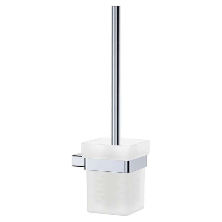 Product image of the Tono toilet brush and holder. Chrome rectangular band that a frosted glass tumbler sits in.