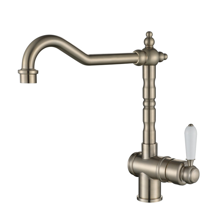 Bordeaux Kitchen Mixer in brushed nickel. By modern national. Swivel kitchen mixer with white lever handle on the side.