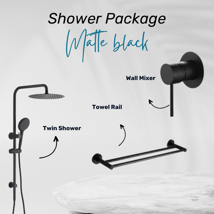 Product images for the Ideal shower package in matte black.