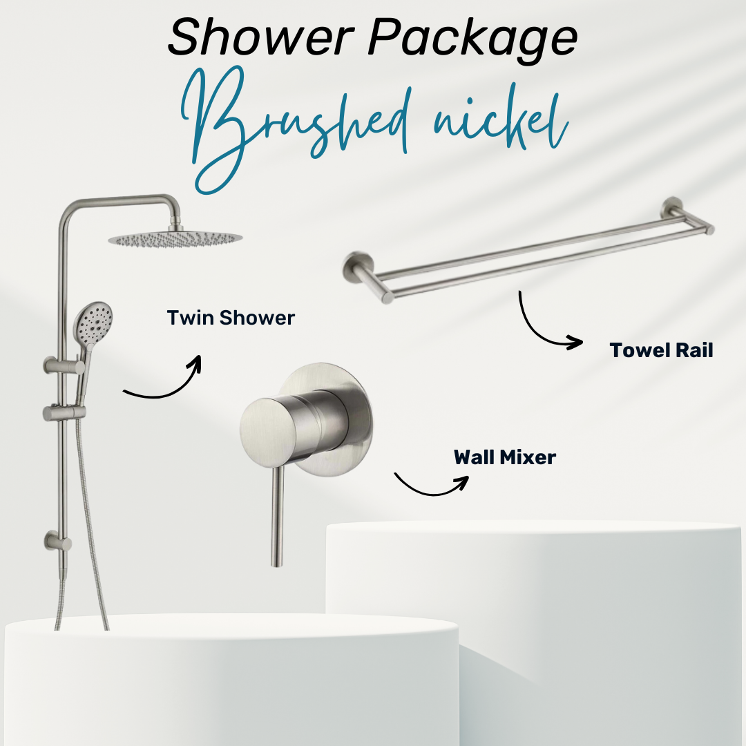 Brushed nickel shower package.