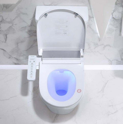 Above view of a combined smart toilet and bidet. The remote control for this is attached to the side of the toilet.