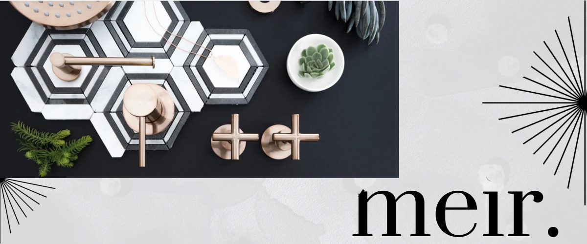 Meir 20% off banner featuring a mood board with the champage range.