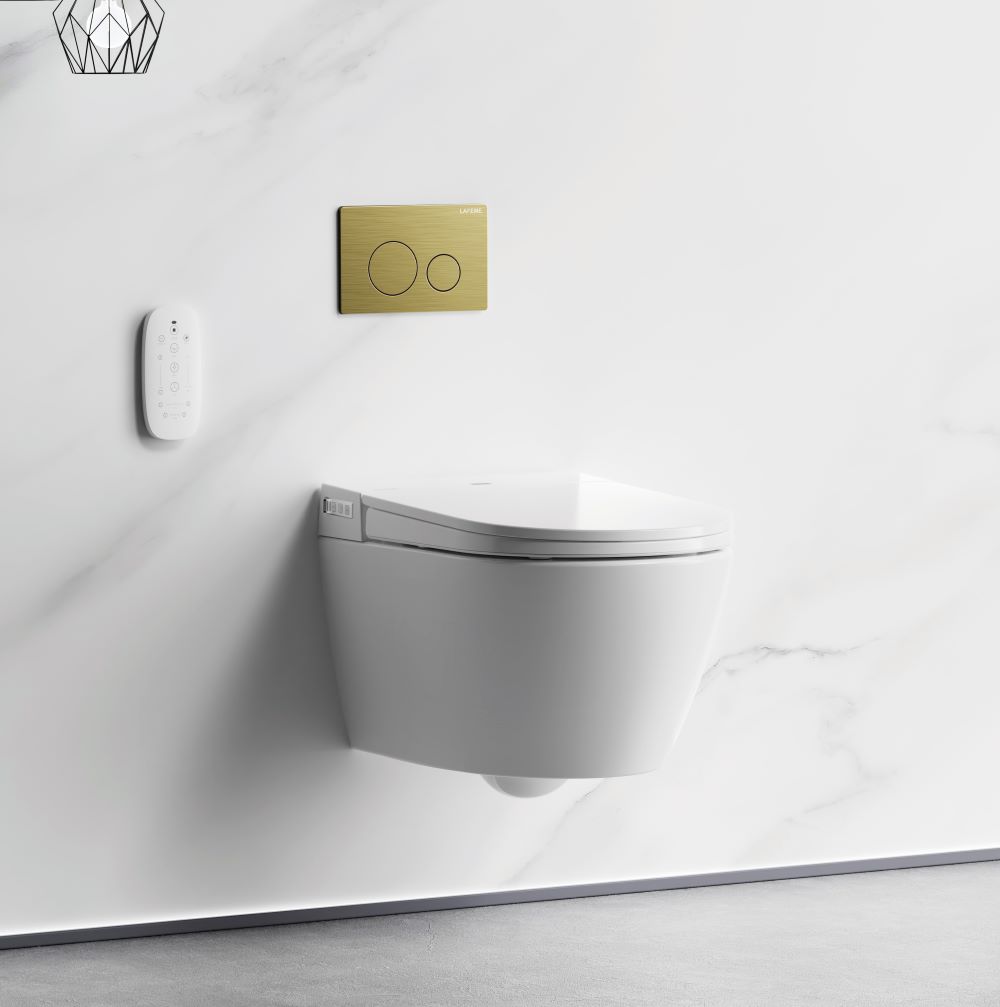 Wall hung toilet with a brass dual button flush plate. Toilet remote control is also mounted on the wall.